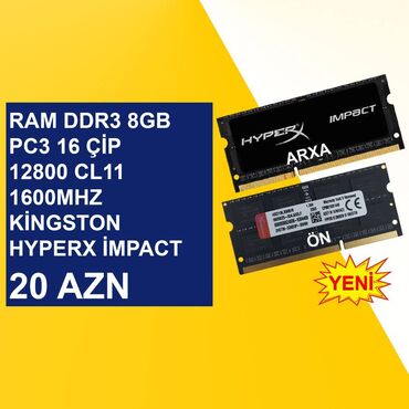 Soyutma sistemləri: Operativ yaddaş (RAM) HyperX, 8 GB, 1600 Mhz, DDR3, Noutbuk üçün, Yeni