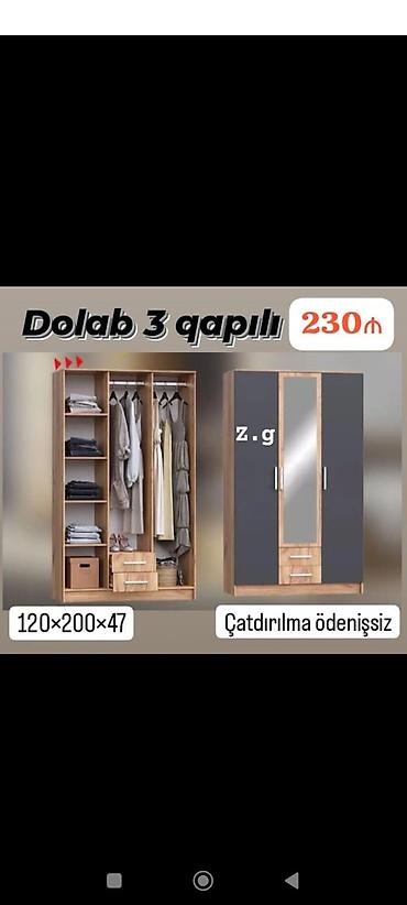 geyim dolabi: Yeni, 3 qapılı, Güzgülü, Boz, Açılan, Düz dolab — 1