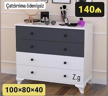 Komodlar: Komod – 4 çekmecəli, iki rəngli dizayn (ağ və tünd boz). Üst hissə — 1