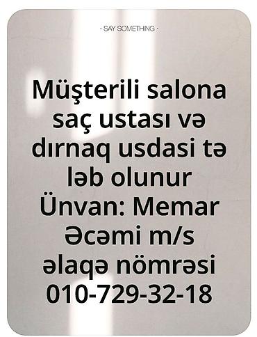 zaprafqa operator isi: Qadın saç ustası tələb olunur, Faiz, 1-2 illik təcrübə — 1