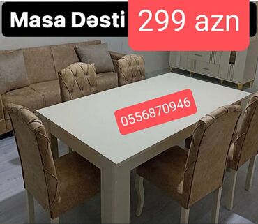 Masa və oturacaq dəstləri: Qonaq otağı üçün, Yeni, Açılmayan, Dördbucaq masa, 6 stul — 3