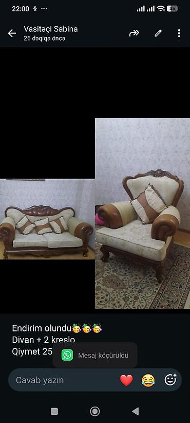 Endirim olundu🥳🥳🥳 Divan + 2 kreslo Qiymet 250azn Unvan lalafo.az -da Endirim olundu🥳🥳🥳 Divan + 2 kreslo Qiymet 250azn Unvan