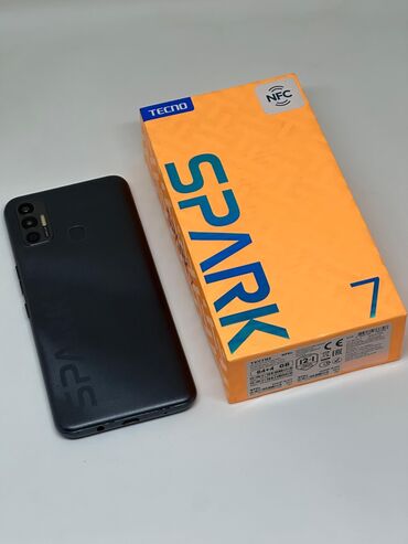 телефон адмен: Tecno Spark 7, Б/у, 64 ГБ, цвет - Черный, 2 SIM