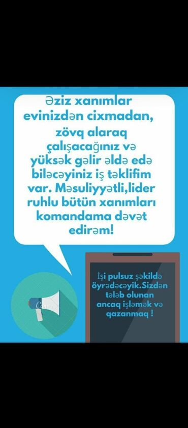 evdə ütü işi: Satış məsləhətçisi tələb olunur, Yalnız qadınlar üçün, İstənilən yaş, Təcrübəsiz, Aylıq ödəniş lalafo.az -da evdə ütü işi: Satış məsləhətçisi tələb olunur, Yalnız qadınlar üçün, İstənilən yaş, Təcrübəsiz, Aylıq ödəniş