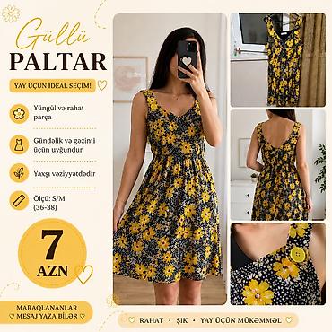 şəkli: Zərif və rahat paltar kolleksiyası 1) Sarı-gümüş naxışlı midi paltar — 2
