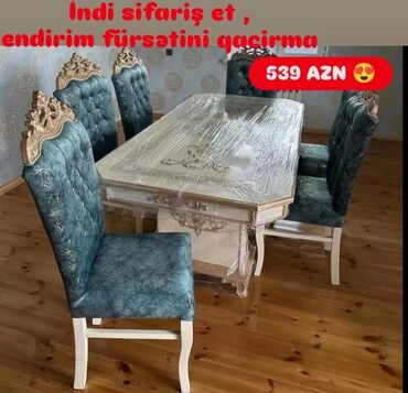 Masa və oturacaq dəstləri: Qonaq otağı üçün, Yeni, Açılmayan, Dördbucaq masa, 6 stul