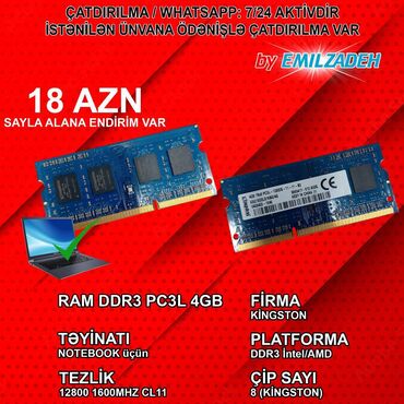 Masaüstü kompüterlər və iş stansiyaları: Operativ yaddaş (RAM) Kingston, 4 GB, 1600 Mhz, DDR3, Noutbuk üçün, İşlənmiş