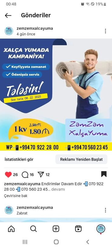 Digər xidmətlər: ZəmZəm XalçaYuma xalça yuma xidməti təklif edir. Kampaniya