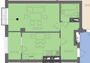 kant flat: 1 комната, 41 м², Технопарк Элитка, 3 этаж, ПСО (под самоотделку) — 1