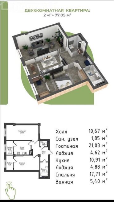 Продажа квартир: 2 комнаты, 77 м², Элитка, 12 этаж, ПСО (под самоотделку)