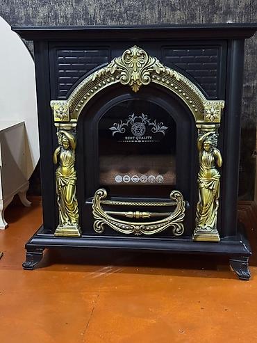 dekor soba: Klassik dizaynlı elektrik kamin - Qara korpus, qızılı dekor — 2