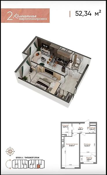 7 1: 2 комнаты, 52 м², Карпинка Элитка, 7 этаж, ПСО (под самоотделку) — 7