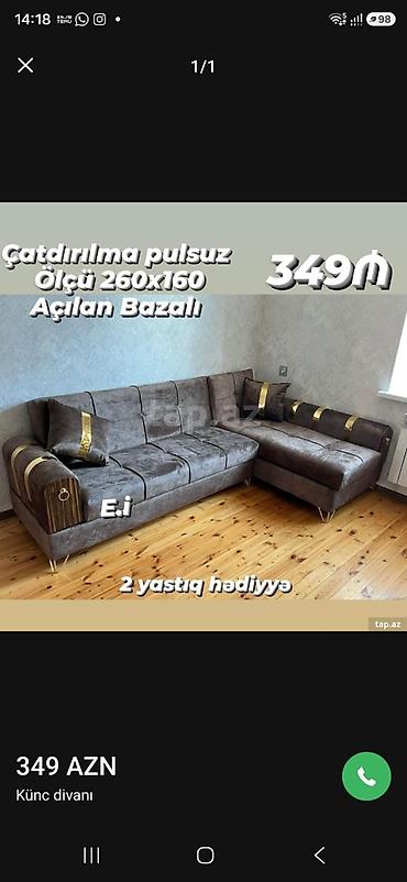 Divanlar: Künc divanı – açılan, bazalı model - Ölçü: 260 x 160 sm - Funksiya — 1