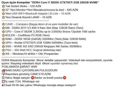Masaüstü kompüterlər və iş stansiyaları: Oyun üçün Kompüter "DDR4 Core i7 5820K GTX750Ti 2GB 256GB NVME” ⭐Tək — 2