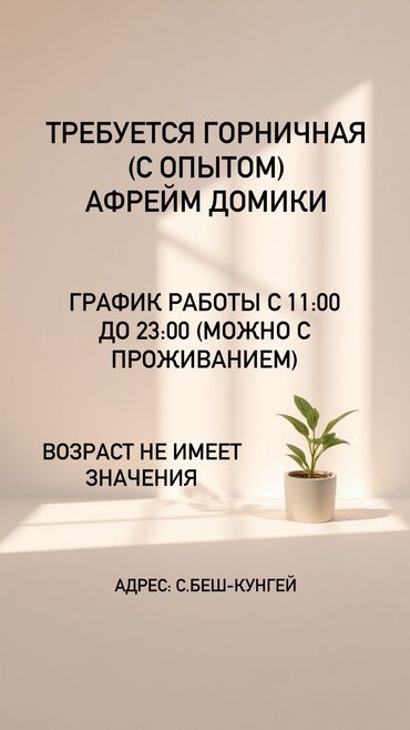 работа в пансионатах иссык куля 2023: Требуется Уборщица, Ресторан, кафе, гостиница, График: День через два, Полный рабочий день