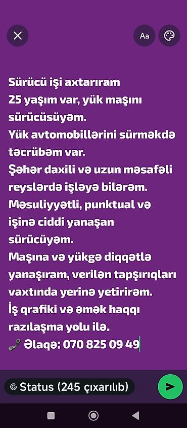 работа водитель грузового автомобиля: Xidmət: Yük maşını sürücüsü işi axtarıram - Yaş: 25 - Yük — 1