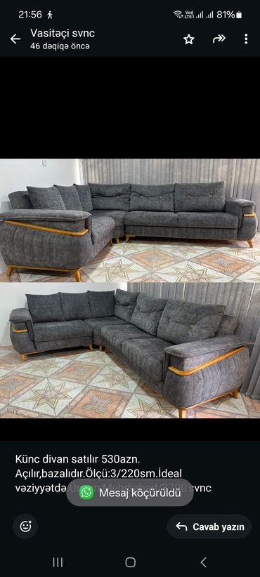 Qonaq otağı dəstləri: Künc divan, İşlənmiş, Açılan, Bazalı, Çatdırılma yoxdur