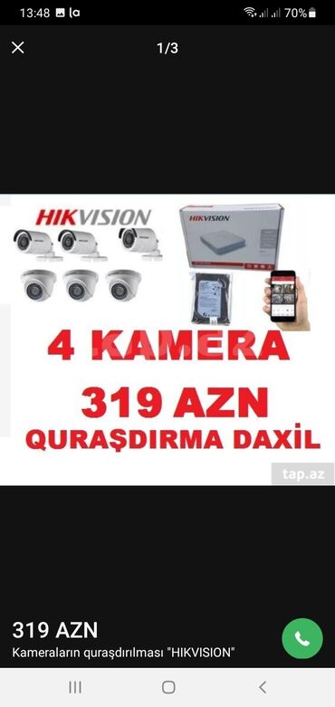 kameralarin qiymeti: Kameraların quraşdırılması Hikvision Hikvision 4 kamera 1 ədəd 4