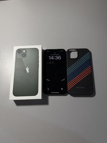 Apple iPhone: IPhone 13, Б/у, 128 ГБ, Alpine Green, Защитное стекло, Чехол, Коробка, 89 %