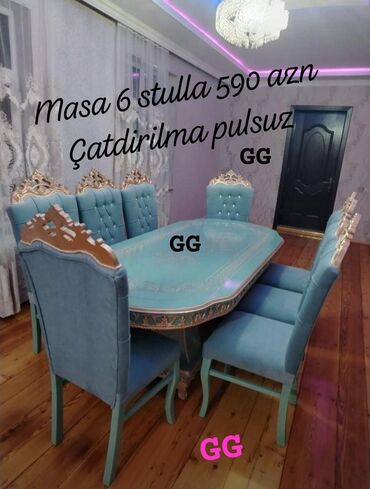 Masalar: Qonaq otağı üçün, Yeni, Açılmayan, Oval masa, 6 stul