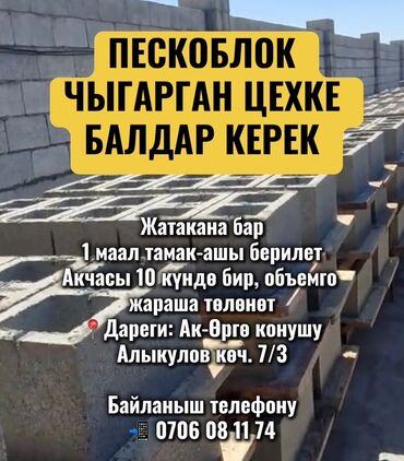 вулканизация оборудования: Тез арада пескоблок чыгарган цехке балдар керек жатакана бар 1 маал
