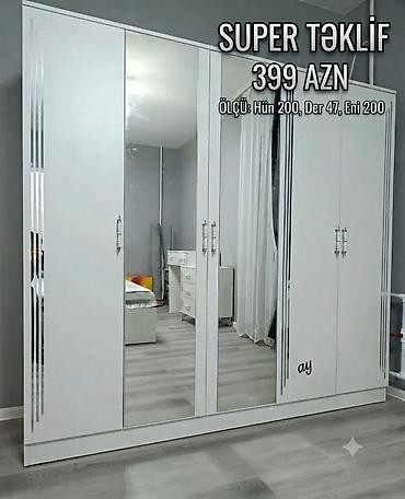 alt ust carpayı: Ağ rəngdə, müasir dizaynlı 5 qapılı dolab. Mərkəzdə tam ölçülü güzgülü — 1