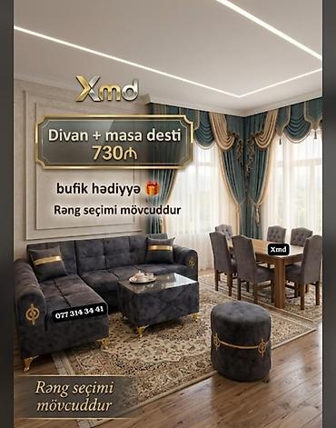masa kuxna: Divan + masa dəsti — 730₼ - Komplekt: künc divan, yemək masası və 6 — 1