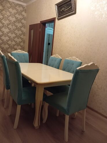 барные стулья: Qonaq otağı üçün, İşlənmiş, Açılan, Dördbucaq masa, 6 stul
