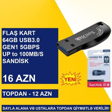 Klaviaturalar: Flash kart Sandisk, 64 GB, USB 3.0, Yeni