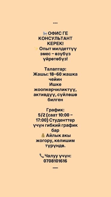 работа ош базар: Талап кылынат Сатуучу консультант Иш тартиби: Беш күндүк, Окутуу, Толук жумуш күнү
