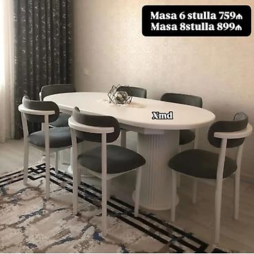 Masa və oturacaq dəstləri: Masa və 6 stul dəsti – Xmd • Komplekt: 1 yemək masası + 6 ədəd stul — 186