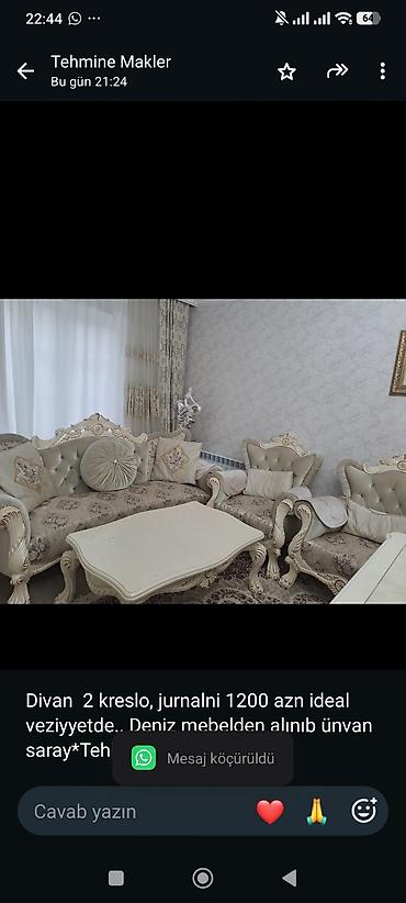Divan 2 kreslo, jurnalni 1200 azn ideal veziyyetde. Deniz mebelden