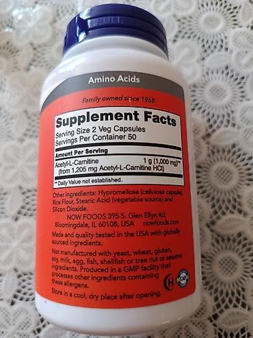 İdman və istirahət: NOW Acetyl‑L‑Carnitine – 500 mg, 100 bitki kapsulu Məhsul təsviri: - — 2