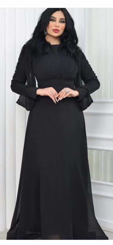купить вечернее платье в баку: Qara rəngdə uzun ziyafət/abaya üslubunda don - Rəng: dərin qara -