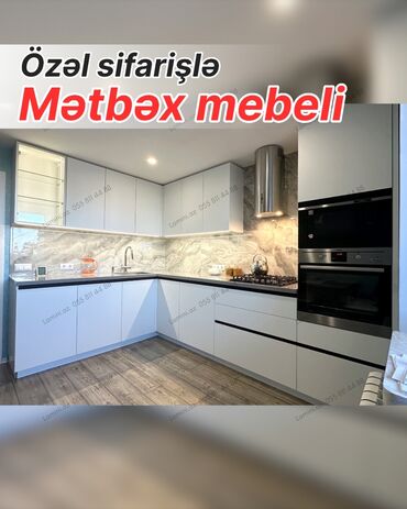 aspirator metbex: Özəl sifarişlə hazırlanmış müasir mətbəx mebeli. - Dizayn: L formalı