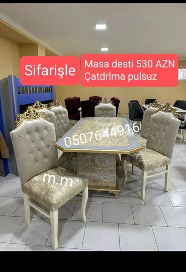 Masa və oturacaq dəstləri: Qonaq otağı üçün, Yeni, Açılmayan, Dördbucaq masa, 6 stul — 9