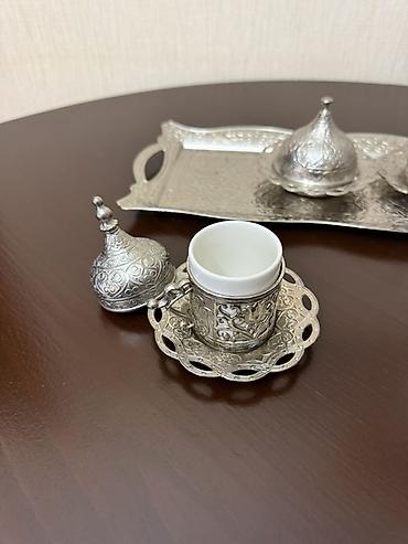 icki: Qəhvə dəsti, rəng - Gümüşü, Metal, 3 nəfərlik, Türkiyə — 2