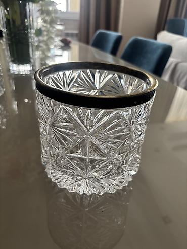 sam qabi: Kəsilmiş naxışlı kristal qab – metal haşiyəli - Material: şəffaf — 1