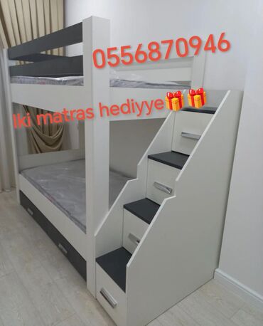 İkimərtəbəli uşaq çarpayıları: Oğlan və qız üçün, Yeni, Çarpayı, Matras ilə, Siyirməli, Laminat — 3