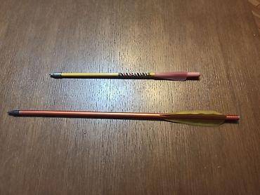 strele za samostrel: Dve strele za samostrel. Dužine: 38cm i 27cm. Metalni vrhovi — 1