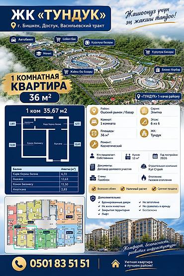 Батирлер: 1 бөлмө, 36 м², Достук а. Элитка, 6 кабат, Косметикалык оңдоо — 1