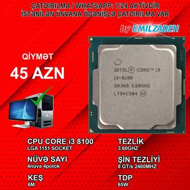 Digər kompüter aksesuarları: Prosessor Intel Core i3 Core i3 8100, 3-4 GHz, 4 nüvə, İşlənmiş
