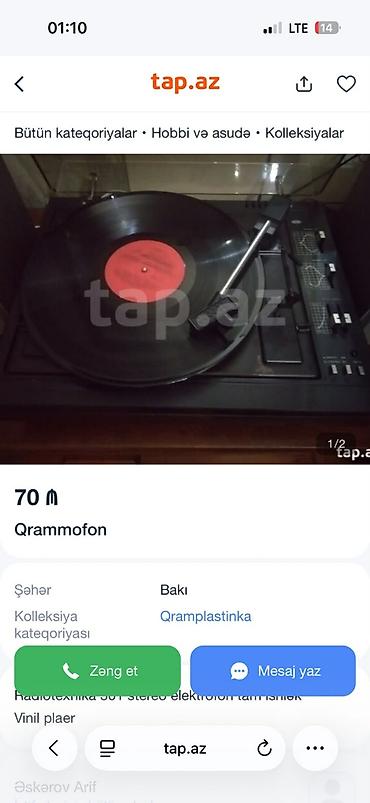 maqnitofon: Qrammofon / Vinil pleer - Model: Radiotexnika 301 stereo kolonkasiz — 2