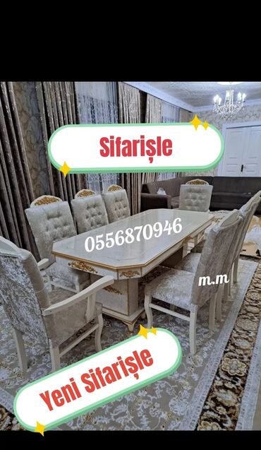Masa və oturacaq dəstləri: Qonaq otağı üçün, Yeni, Açılmayan, Dördbucaq masa, 6 stul — 22