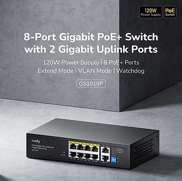 poye sviç: Cudy GS1010P 8-Port Gigabit PoE+ Switch (120W) IP kameralar, Wi-Fi — 1