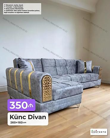 Künc divan – 260×160 sm - Mexanizm: Açılan, bazalı (yataq funksiyası