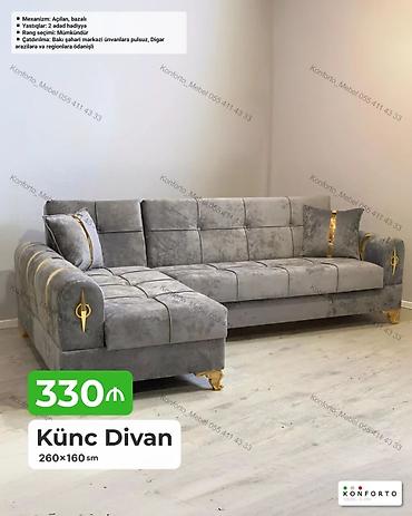 Диваны: Künc divan – 260×160 sm - Material: yumşaq məxməri parça, dekorativ — 1