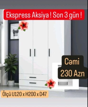 спальная мебель в баку цены: Гардеробный шкаф, Новый, 3 двери, Распашной, Прямой шкаф, Азербайджан