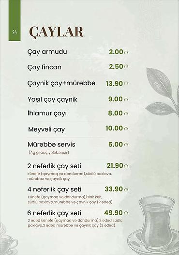 Чай, кофе, напитки: Məhsul: Çaylar və çay setləri menyusu Təkliflər: - Çay armudu – 2.00 — 1