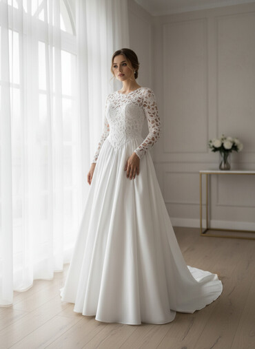 Свадебные платья: Свадебное платье, Пышная модель, цвет - Белый, Рукава: Кружевные, Со шлейфом — 1